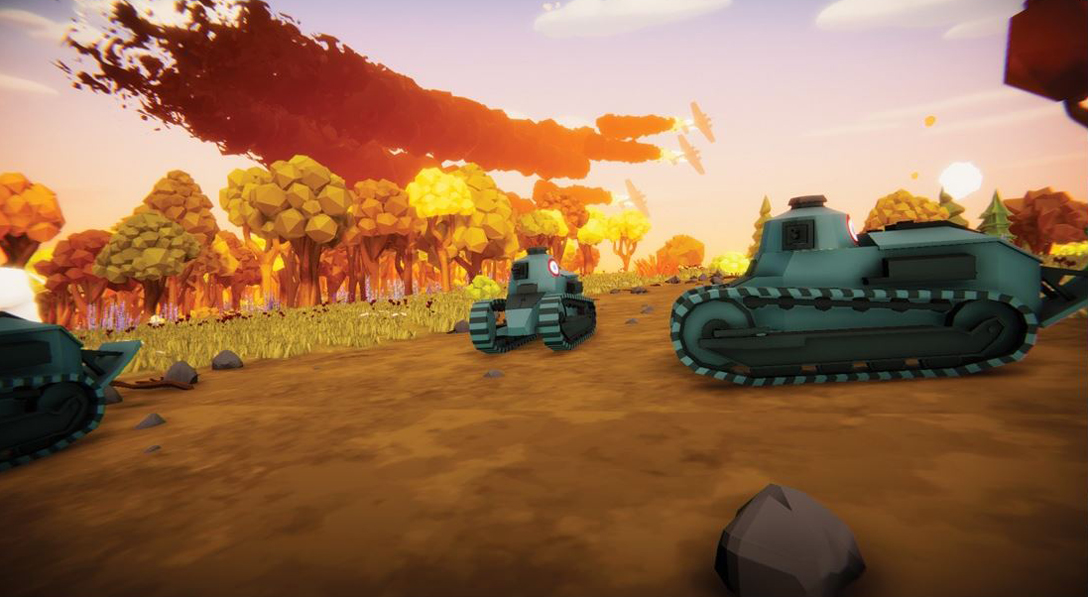 Tanks are roaming on a field with sun setting