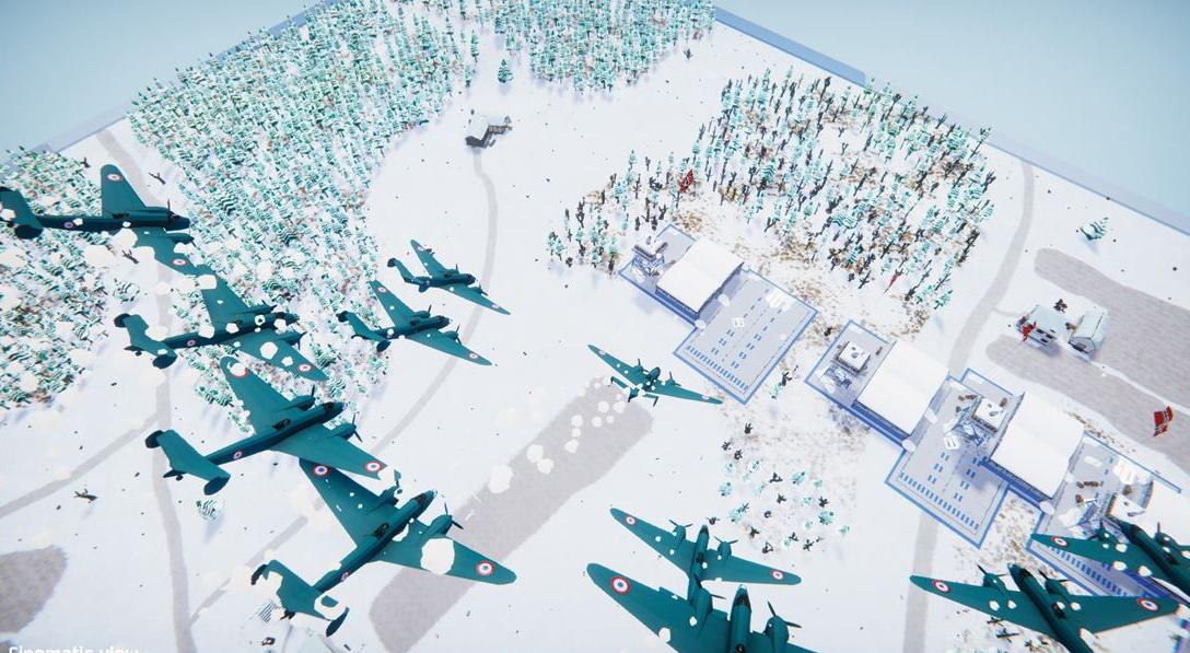 A cohort of planes are swooping toward an area coverd by snow.