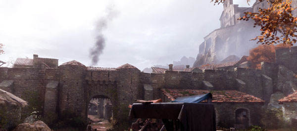 A Plague Tale - Innocence Screenshot Showing a Castle Town with a Billow of Smoke