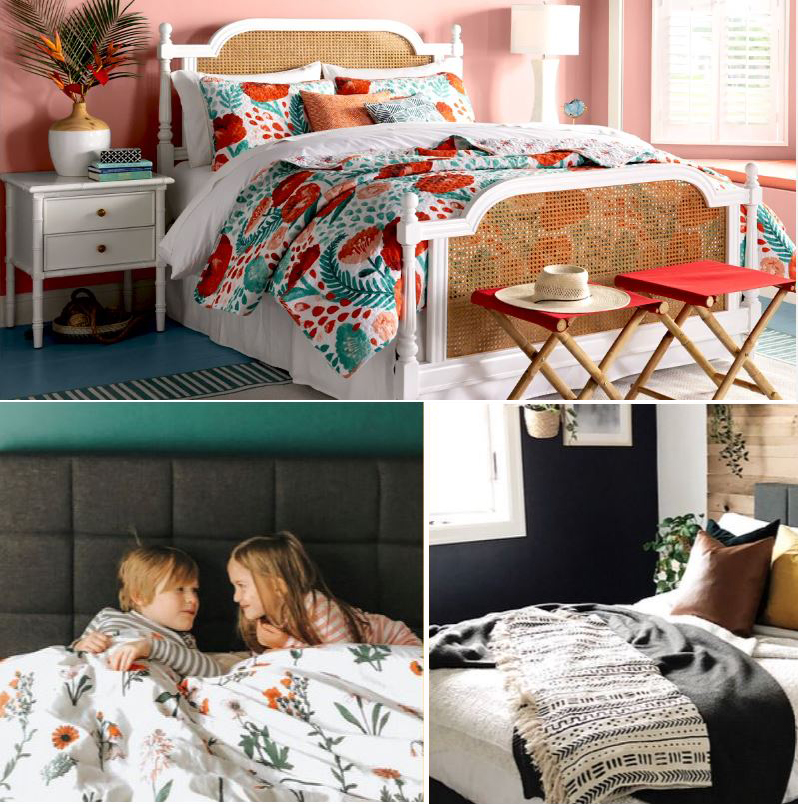 Three piectures show beds and linen. One of the pictures also display storage.