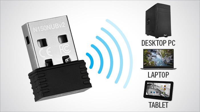 Rosewill RNX-N150NUBv2 sending wireless signals to a desktop PC, laptop and tablet