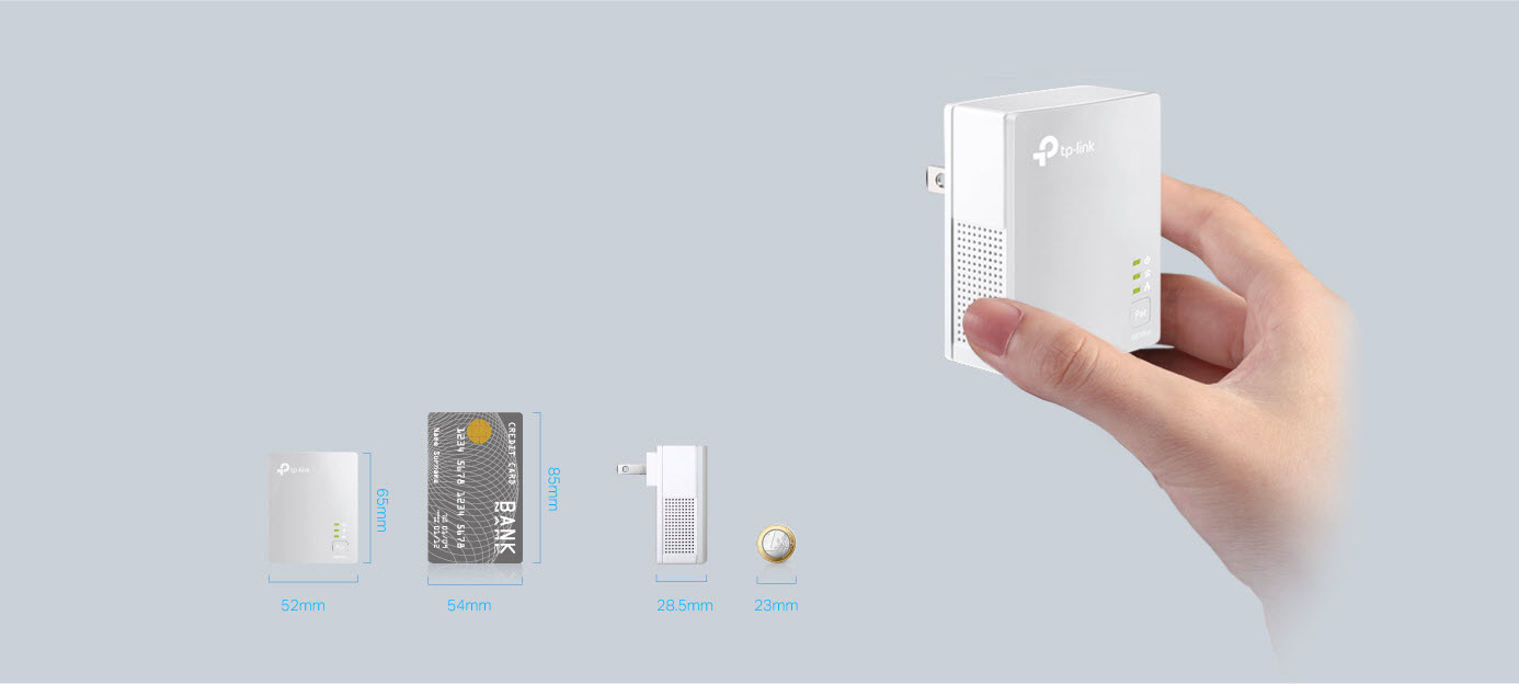 TP-Link TL-PA4010 KIT Size Comparison Graphic with a Credit Card and Coin