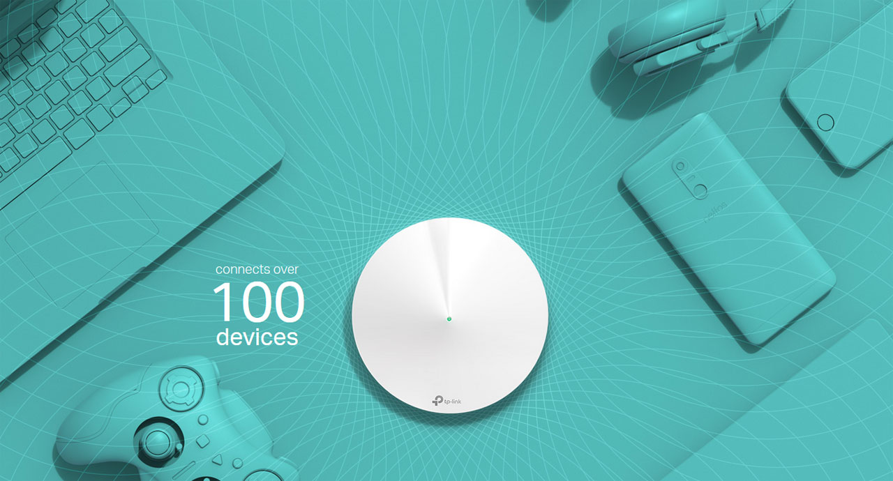 TP-Link Deco P7 Device Next to Graphics of an Open Laptop, Video-Game Controller, Power Bank, Smartphone and Wireless Headphones, There Is Also Text That Reads: Connects Over 100 Devices