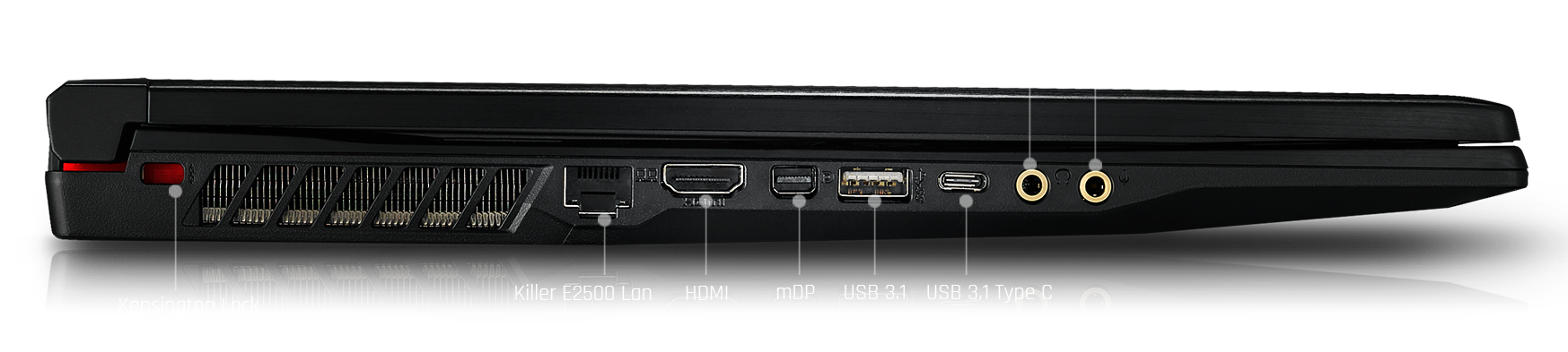 MSI Gaming Laptop Facing to the Side Showing Ts Kensington Lock, Killer E2500 Ethernet Port, HDMI, miniDisplayPort, USB 3.1 Type-A and Type-C Ports, Headphone Out and Mic In