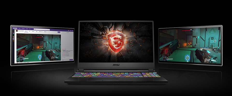 Gigabyte GE63 Raid Gaming Laptop Open and Facing Forward with the MSI Logo on Screen and two screens, one left with a twitch stream of Overwatch playing, and one right with the actual Overwatch game application running