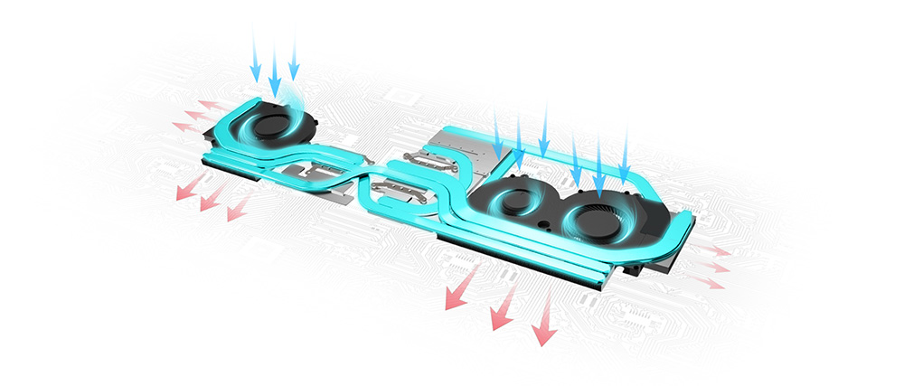 3 Fans and 7 Heatpipes Cooling System and its vents.