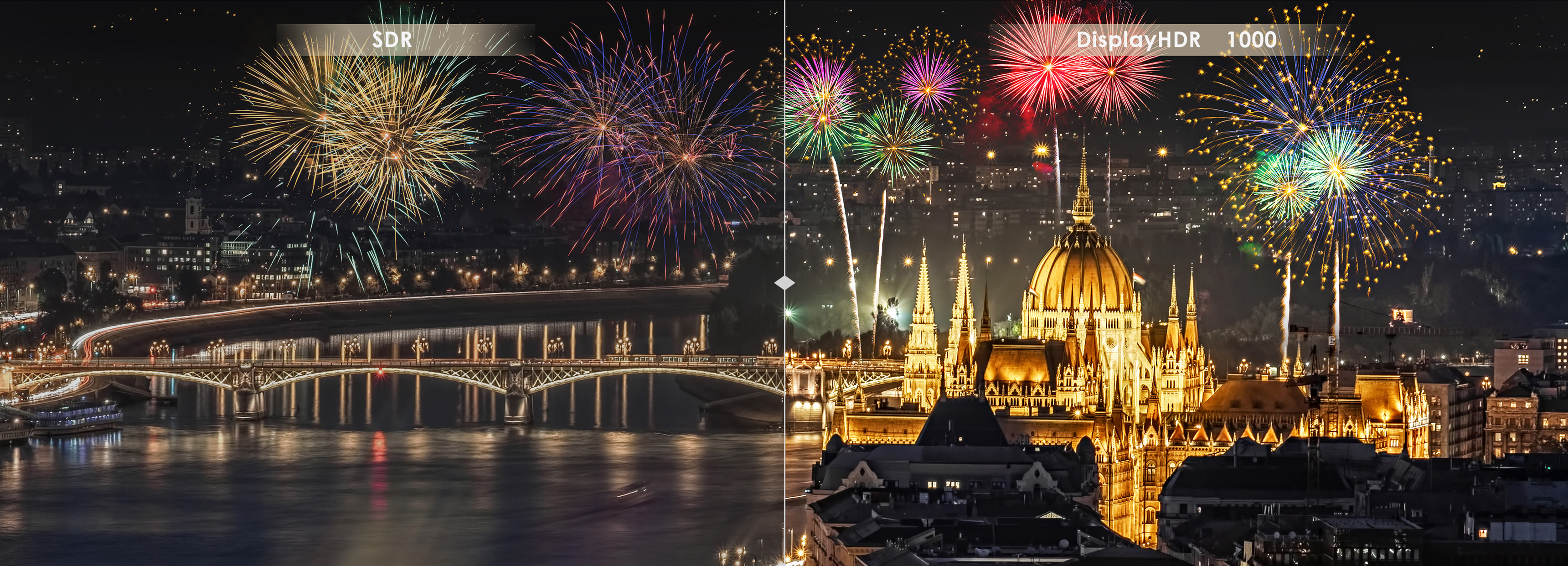 Two images: Left is SDR effect and Right is DisplayHDR 1000 effect.