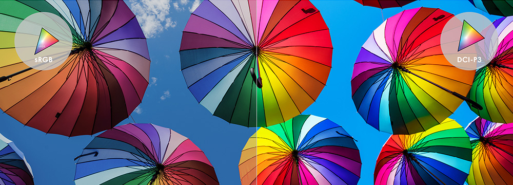 An image full of colorful umbrella: The left side shows sRGB technology and right side shows vivider color.
