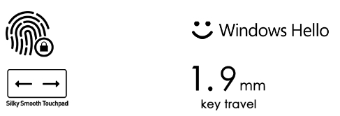 Logo - Fingerprinter, Windows Hello, Silky Smooth Touchpad and 1.9mm key travel