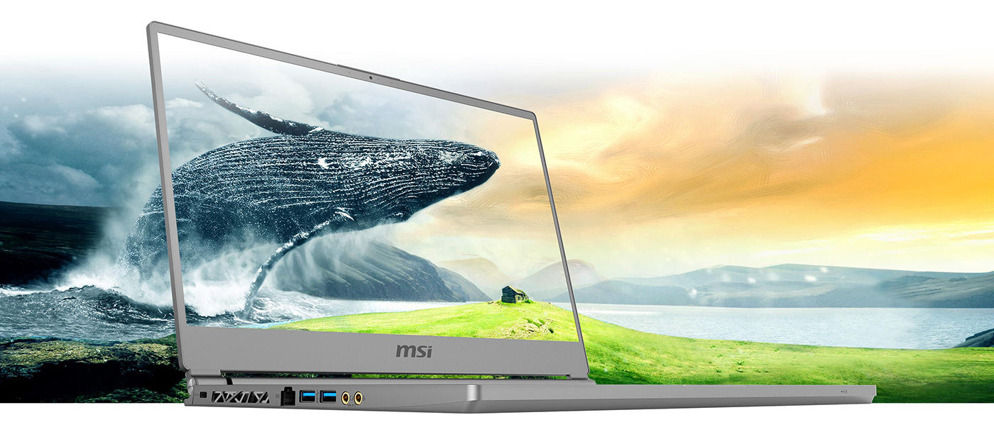 P65 Creator widely opened to right. An art background is on the screen. Vivid as real scenery