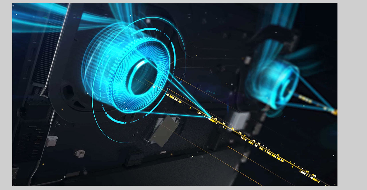 Gigabyte Aero 15 Gaming Laptop's Cooling System Revealed with Blue Graphics Indicating High Fan Performance