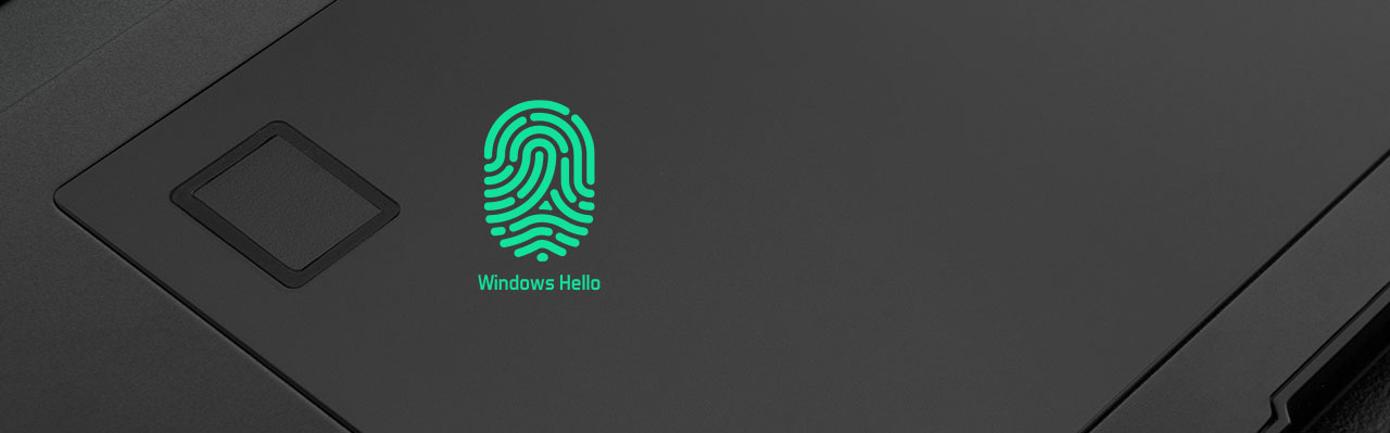 Closeup of the Touchpad area on the Gigabyte Aero 15 Gaming Laptop, with a logo for Windows Hello fingerprint sensor