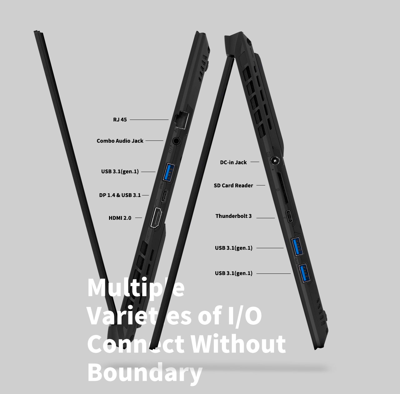 Gigabyte Aero 15 Gaming Laptops Slightly Open Facing Up and Down, Showing their side ports: RJ45, combo audio jack, USB 3.1 gen 1, DisplayPort 1.4 and USB 3.1, HDMI 2.0, DC-in Jack, SD Card Reader, Thunderbolt 3, and two more USB 3.1 gen 1 ports. In front of the laptops is text that reads: Multiple varieties of I/O connect without boundary