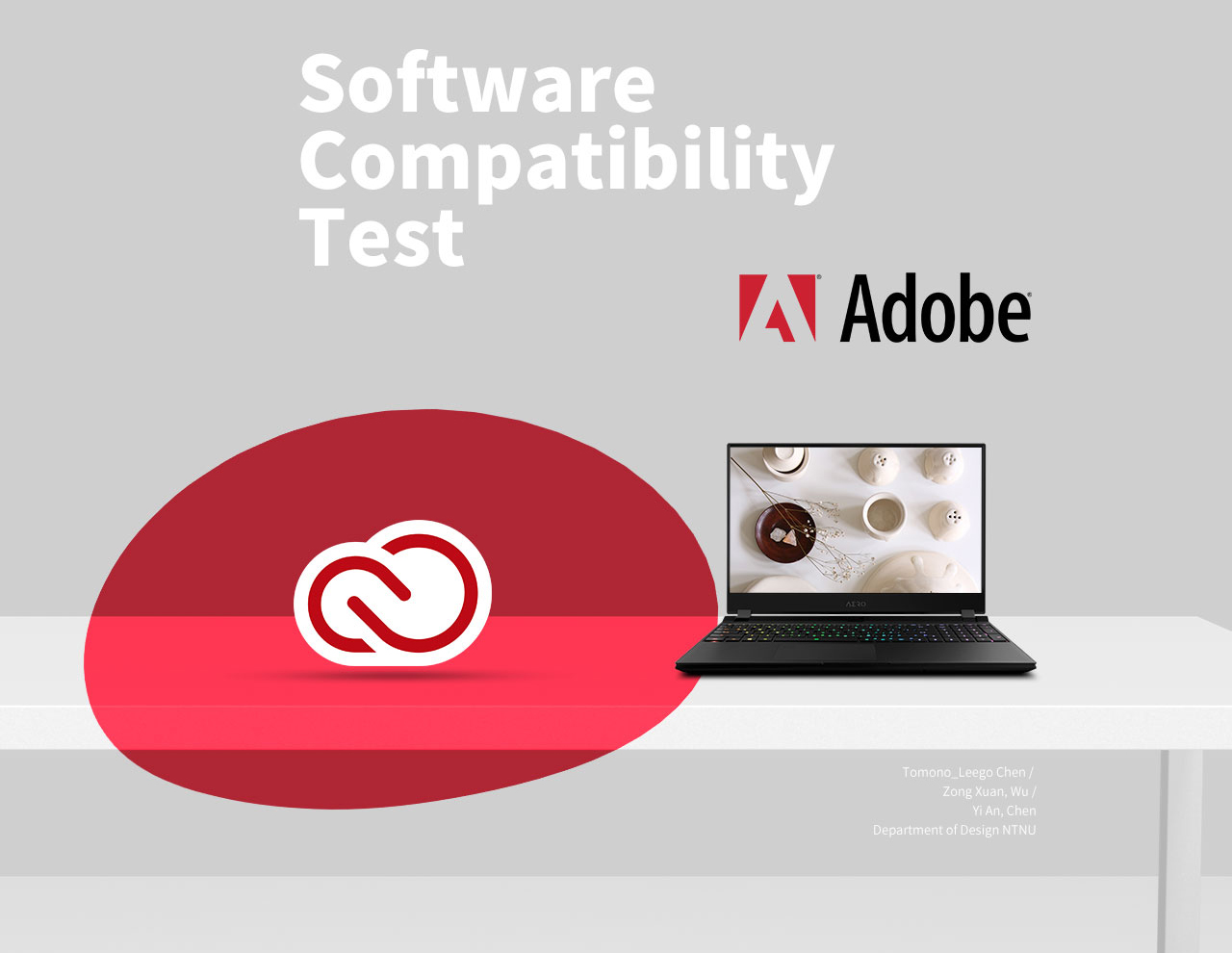 Gigabyte Aero 15 Gaming Laptop Open Facing Forward, next to the Adobe Cloud icon, Adobe logo and text that reads: Software Compatibility Test