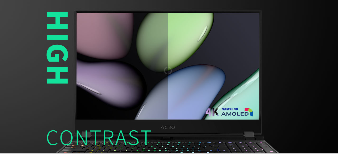 Gigabyte Aero 15 Gaming Laptop Facing Forward with text that reads HIGH CONTRAST - There is a graphic of colored pebble graphics along with the 4K Samsung AMOLED display