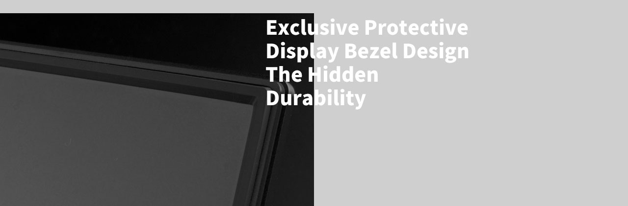 Edge of theGigabyte Aero 15 Gaming Laptop's Screen Angled to the Left, along with text that reads: Exclusive Protective Display Bezel Design - The Hidden Durability