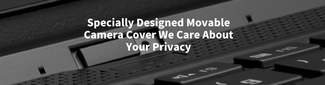 Closeup of the Camera Port on the Front of the Gigabyte Aero 15 Gaming Laptop between the keyboard and screen, there is text that reads: Specially Designed Movable Camera Cover We Care About Your Privacy