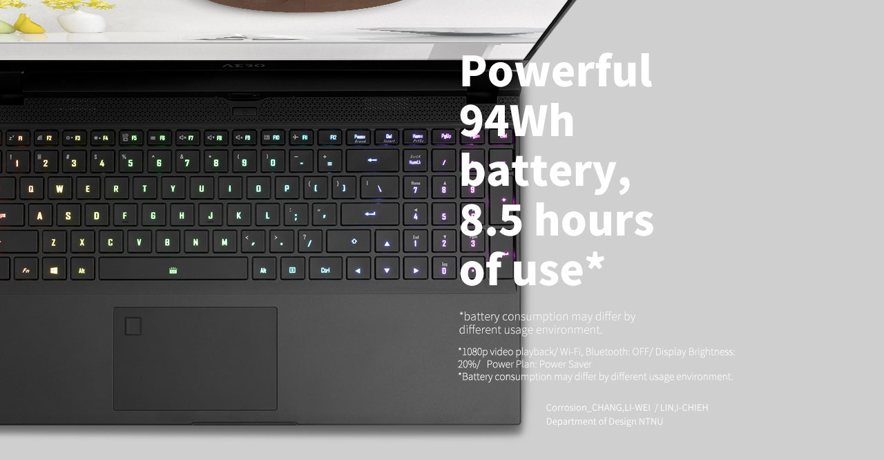 Overhead view of an Open Gigabyte Aero 15 Gaming Laptop's Keyboard along with text that reads: Powerful 94Wh battery, 8.5 hours of use* - *battery consumption may differ by different usage environment. - *1080p video playback/Wi-Fi, Bluetooth: OFF/Display Brightness: 20%/ Power Plan: Power Saver - *Battery consumption may differ by different usage environment.