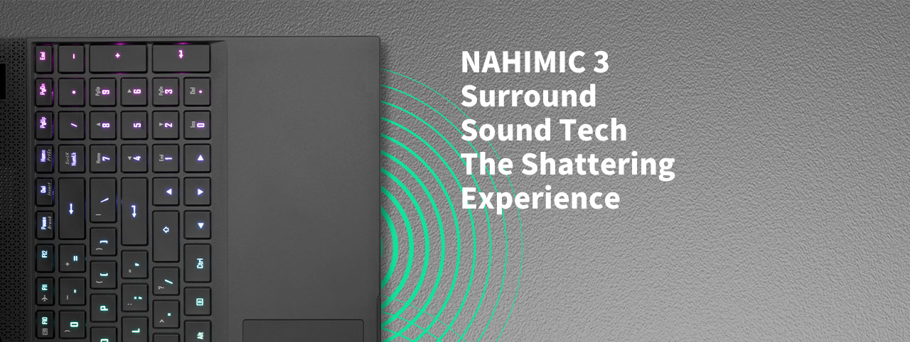 Overhead view of the Gigabyte Aero 15 Gaming Laptop's keyboard along with text that reads: NAHIMIC 3 Surround Sound Tech - The Shattering Experience