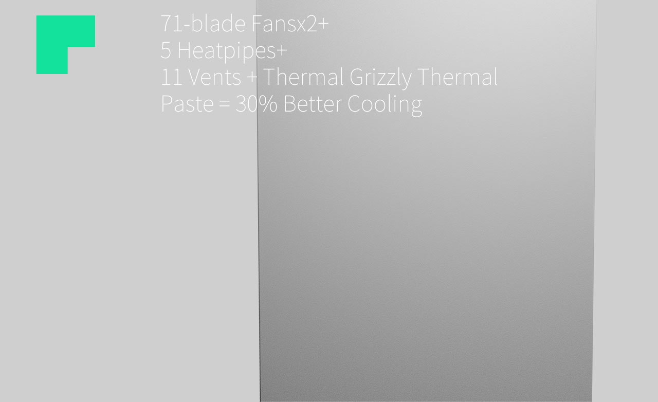 Text that reads: 71-blade Fansx2+, 5 Heatpipes+, 11 Vents + Thermal Grizzly Thermal and Paste = 30% Better Cooling