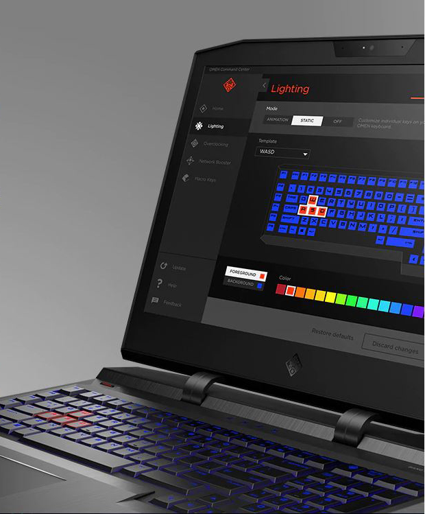 The laptop screen shows the OMEN Command Center software