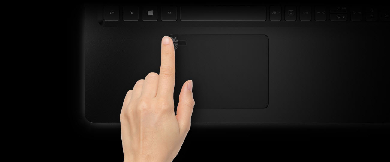 the forefinger of a hand is touching the fingerprint reader on TravelMate P2