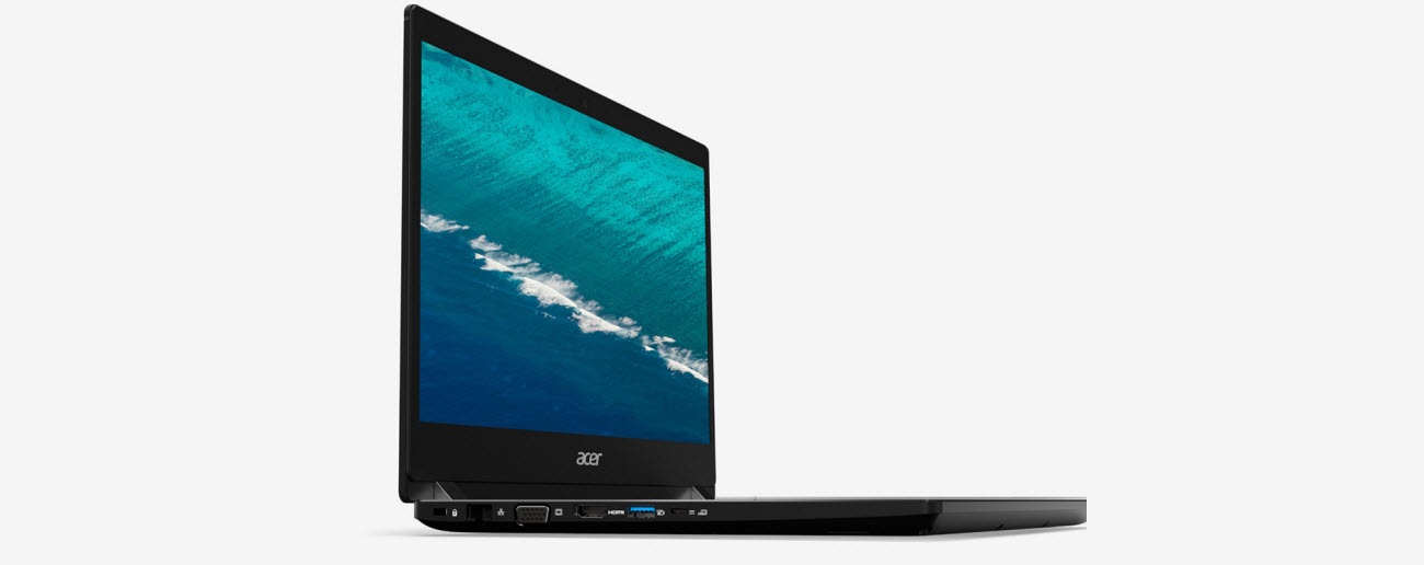 Open Acer TravelMate Angled to the Right Showing an Overhead View of an Ocean Wave