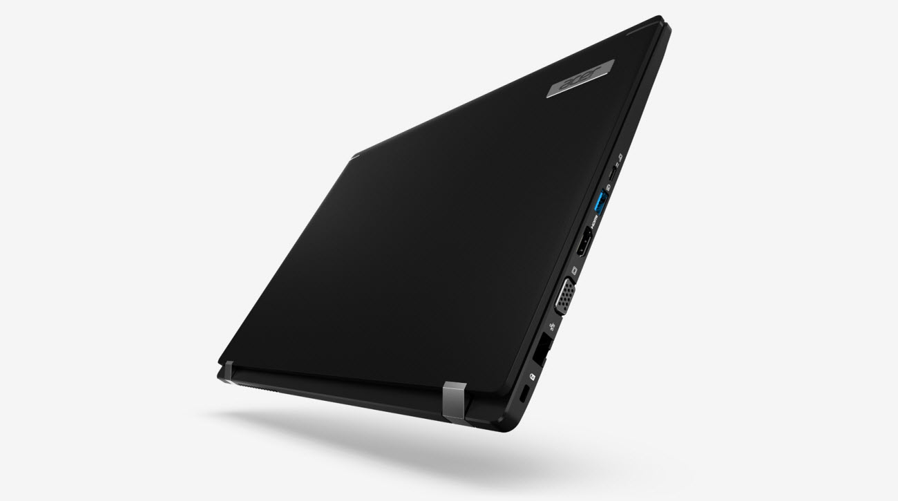 Closed Acer TravelMate Notebook Angled Up to the Left, Upside Down