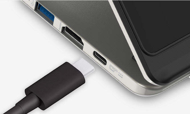 close look at a USB-C cable and the USB-C port of Acer Chromebook R 13