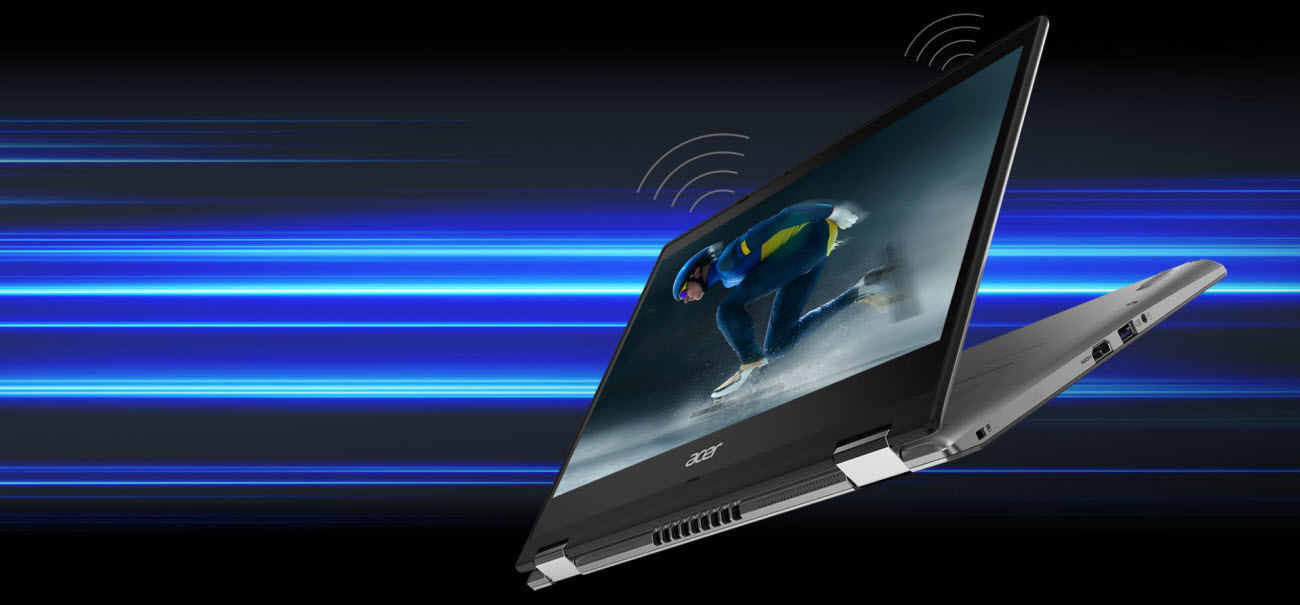 Acer Spin 3 in stand mode showing a man ice skating
