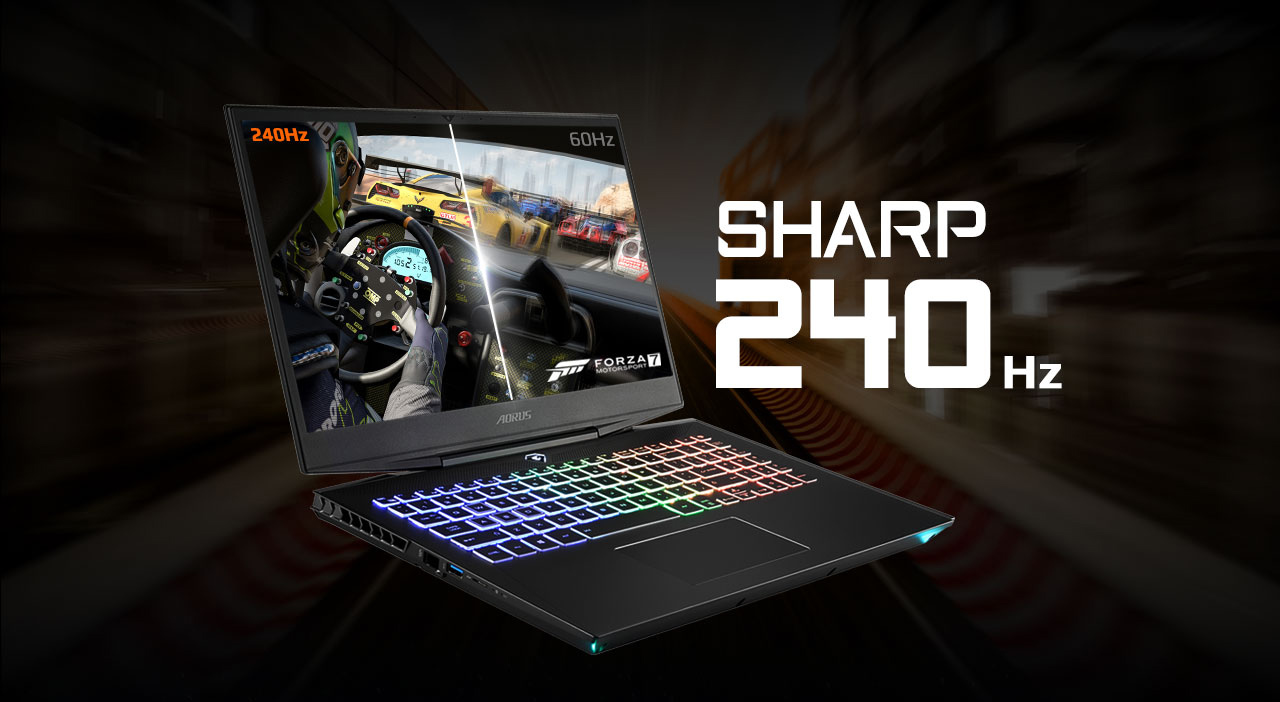 AORUS 15 Gaming Laptop open, angled to the left showing the inside of a racecar during a Forza race, all next to text that reads: SHARP 240Hz