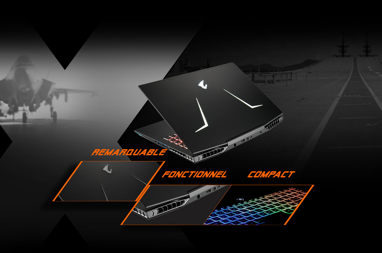 AORUS 15 Gaming Laptop slightly open, facing away to the left above hotspots and text read: Remarkable, Functional and Compact