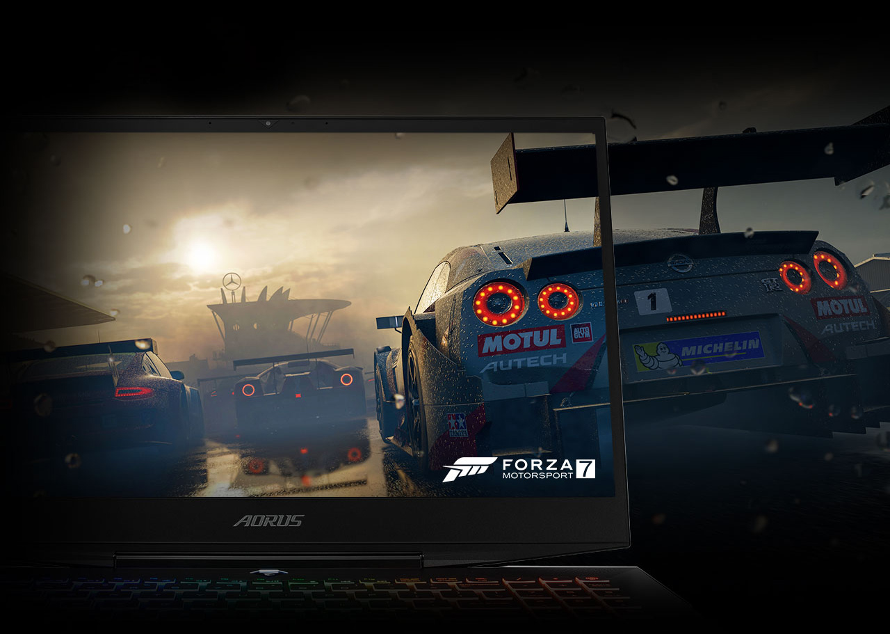 Forza screenshot of cars racing at dusk merging with the AORUS 15 Gaming Laptop's screen
