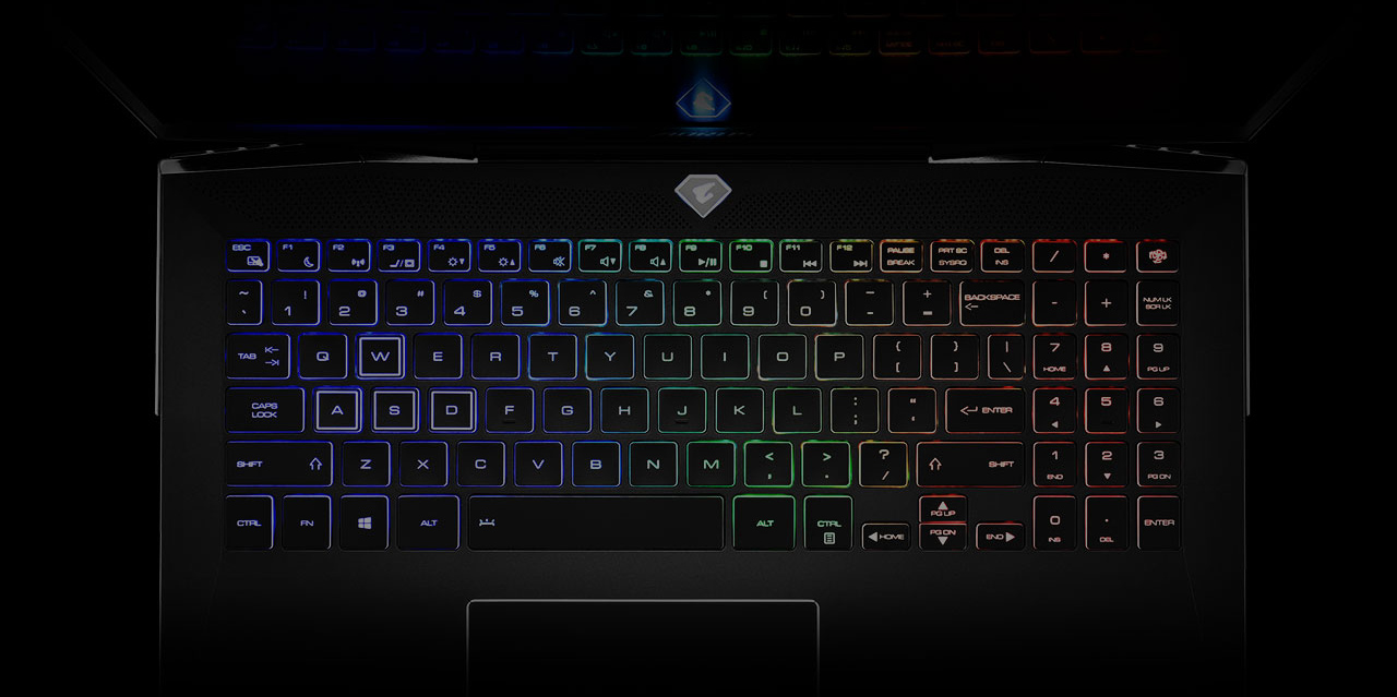 overhead view of the AORUS 15 Gaming Laptop's rainbow RGB-lit keyboard