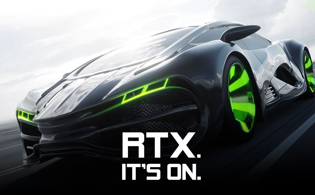 A futuristic sports car with light green accents in its grill and on its rims speeding through to the left, along with text that reads: RTX. IT'S ON.