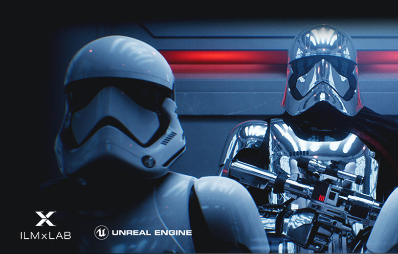 Stormtrooper on an elevator facing forward with the badges for ILMxLAB and Unreal Engine at the forefront