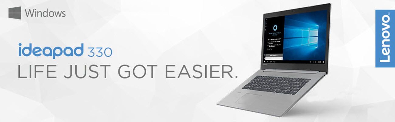 IdeaPad 330 Open, Angled to the Left, Next to Text That Reads: LIFE JUST GOT EASIER.