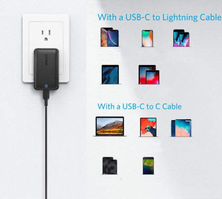 Anker PowerPort Atom III Slim plugged on the wall with compatible devices on the right