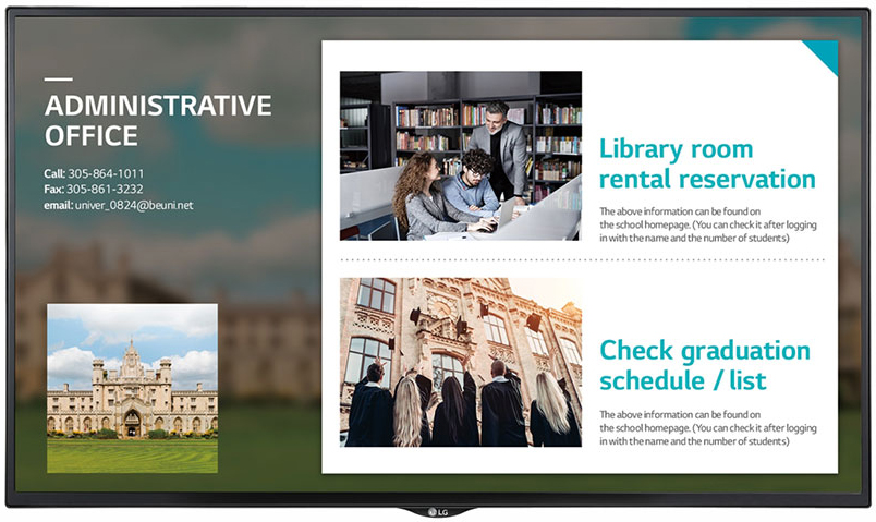 LG display showing a college administrative office's information and services