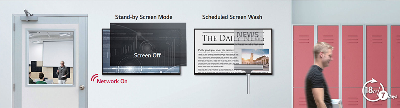 LG commercial displays on a school hall wall next to lockers and classroom.