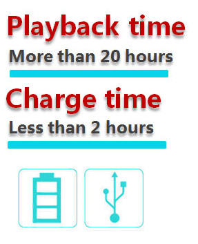 Playback time - more than 20 hours and charge time - less than 2 hours above battery and USB icons