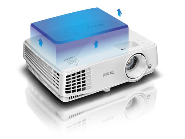 BenQ Projector Angled Down to the Right, Showing a Blue Graphic where the top door can be removed for lamp changes