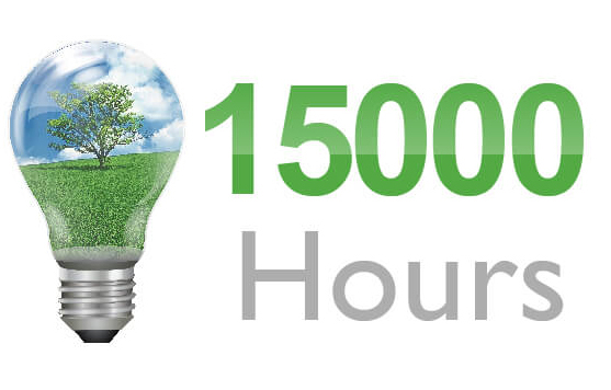 a light bulb with a tree on green grass under a blue sky inside of it, next to text that reads: 15,000 Hours