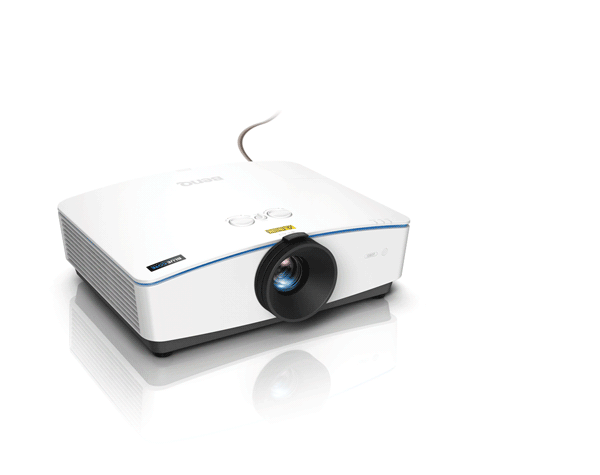 BenQ Projector Angled Down to the Right with VGA and HDMI Cables Coming in for Connection while the light turns on