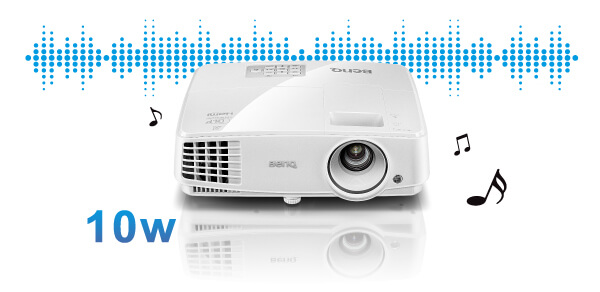 BenQ Projector Facing Forward, Angled Down Slightly Next to Graphics Indicating 10W Speaker Letting Out Audio