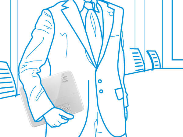 Blue and white line drawing of a businessman carrying the BenQ projector by his side in a meeting room