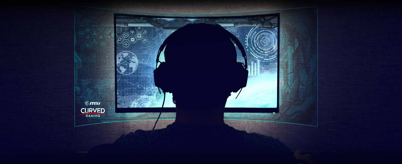 a man is looking a monitor showing the curved effect