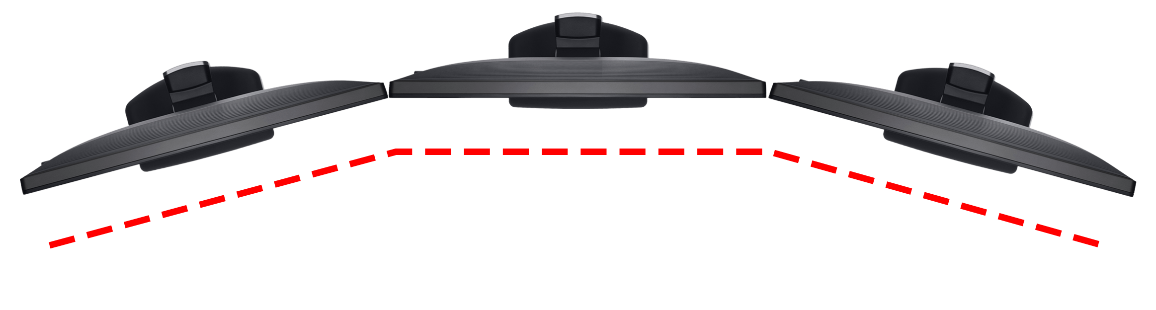 top of three monitors showing the curved displays effect