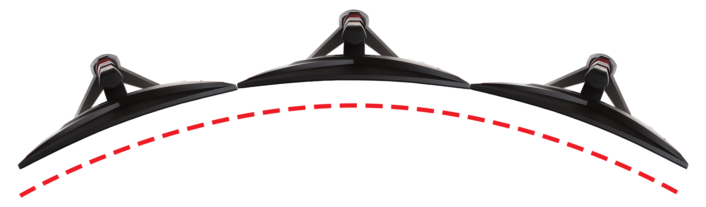 top of three monitors showing the curved displays effect