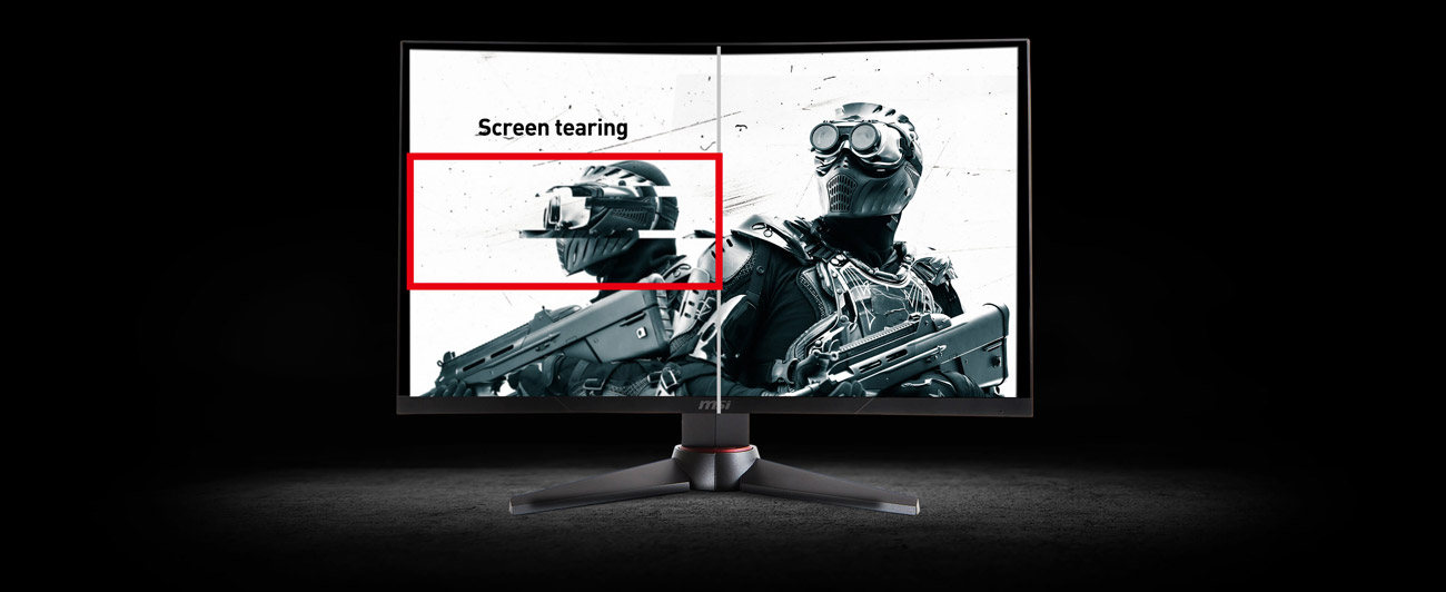 one image splited into two, showing different effect between freesync with and without